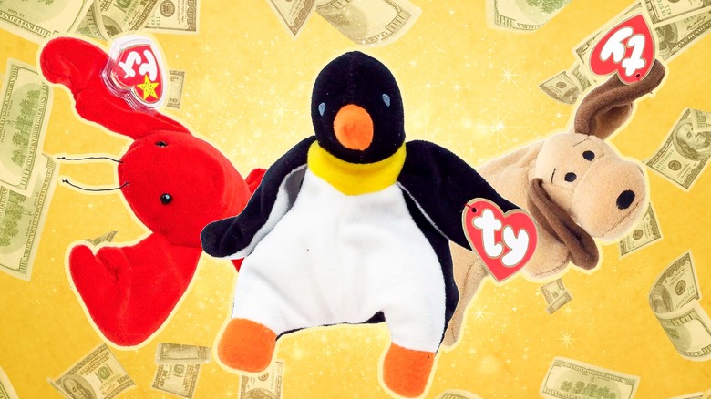Various Beanie Babies on a golden background in front of a Happy Meal box
