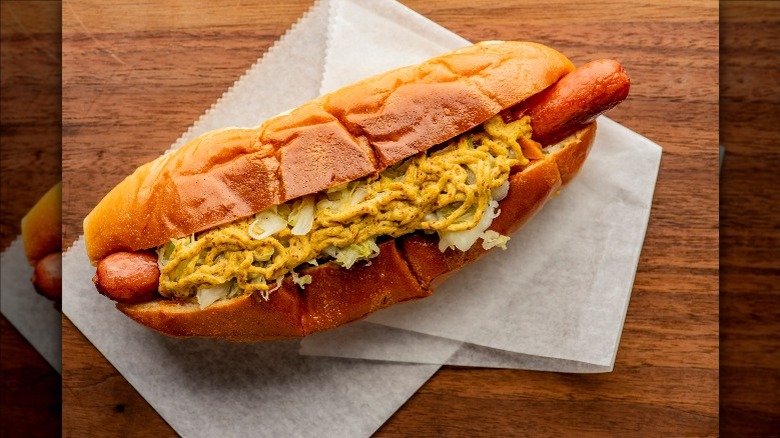 hot dog with pickles and onions