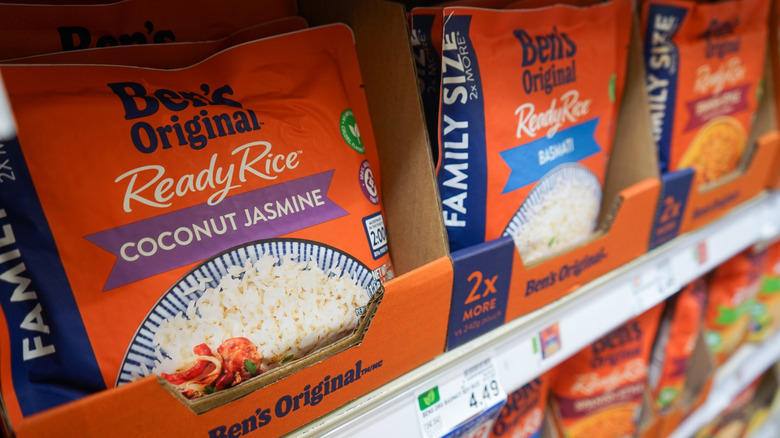 Microwave rice in a grocery store aisle.