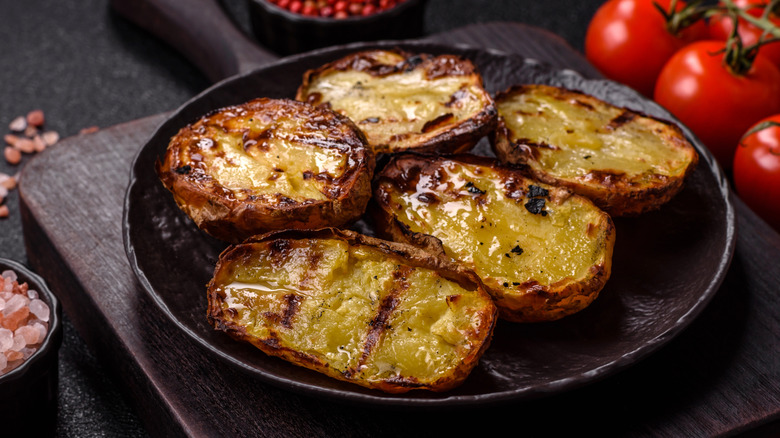 Baked potatoes cut in half