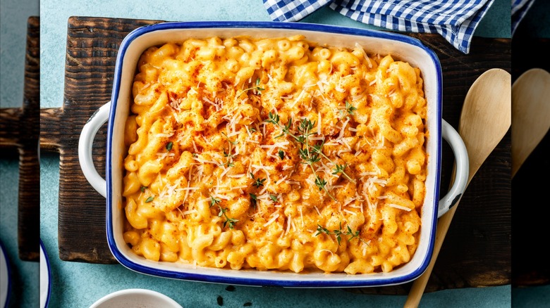 Baked macaroni and cheese in a casserole dish.