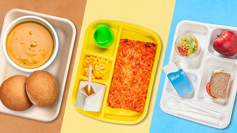 Variety of school lunches on trays