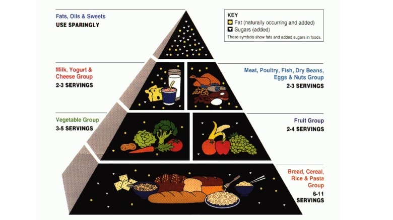 The 1992 food pyramid with grains at the bottom and fats and sweets at the top.