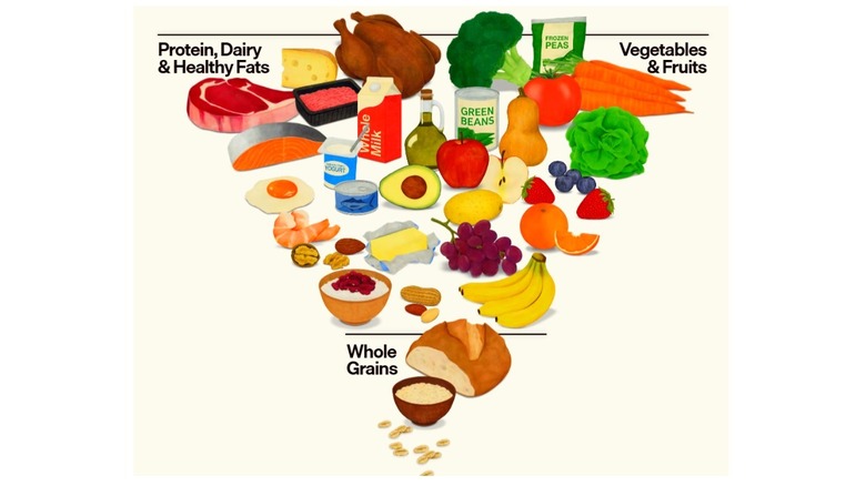 The inverted food pyramid from 2026 with protein and vegetables at the top.