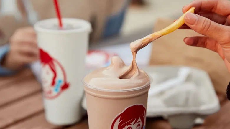 A person dipping a french fry into a Wendy's Frosty
