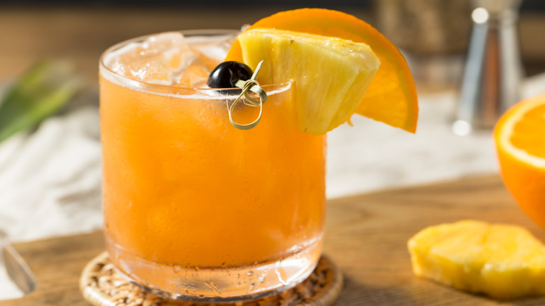 A close-up of a classic rum runner cocktail.
