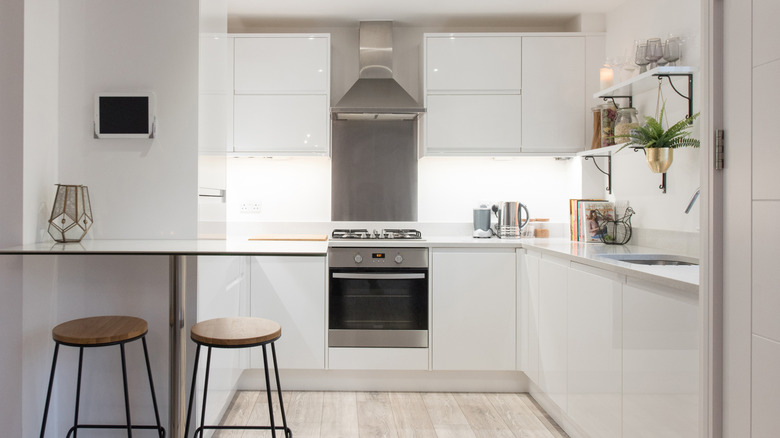 Eye-level photo of a contemporary kitchen with chrome finishings