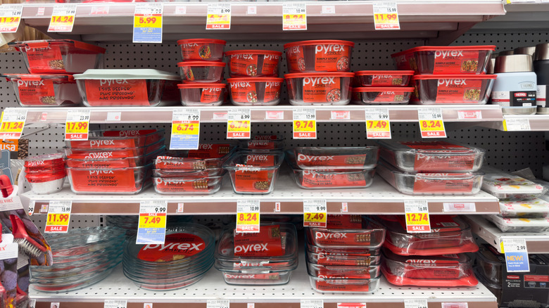Shelves of clear Pyrex items for sale in a store