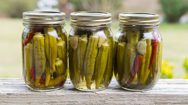 three jars of pickled okra in brine
