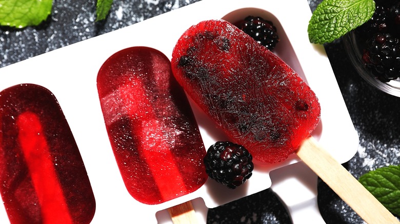 Blackberry popsicles in a popsicle mold surrounded by fresh berries and mint leaves