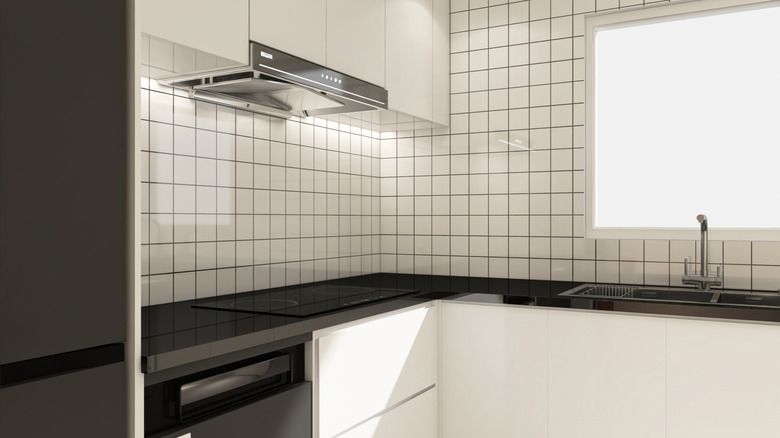 A minimalist kitchen featuring a black-and-white color scheme with an L-shaped counter