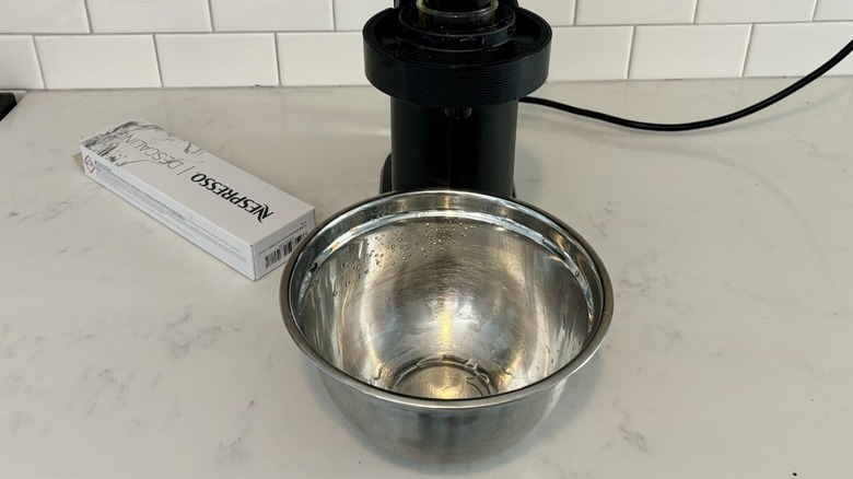 Nespresso, bowl, and cleaning solution