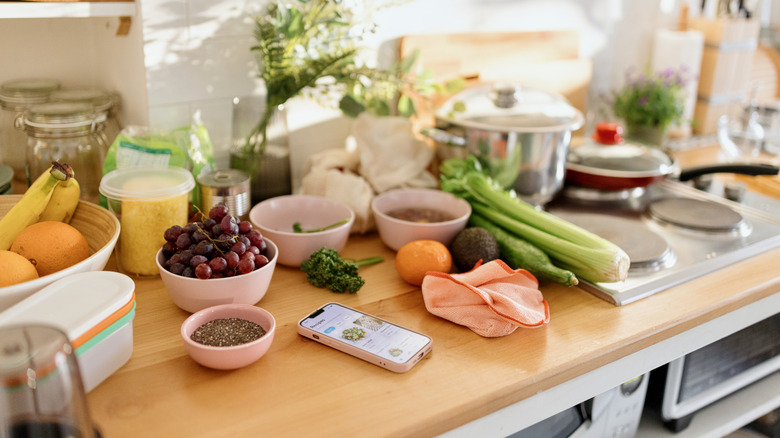 cluttered wood counter