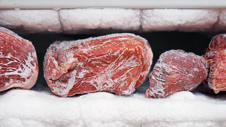 Beef chunks in the freezer.