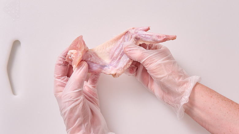 holding a chicken wing in a v-shape