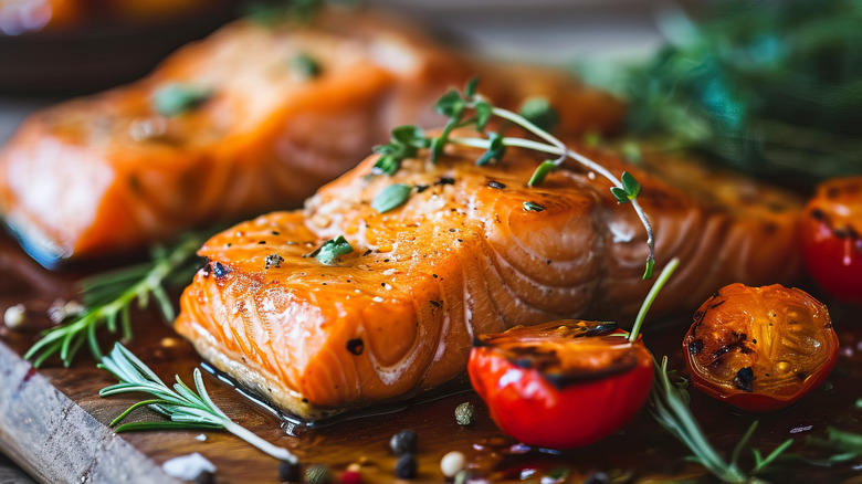 Cooked salmon on wooden cutting board with garnishes and herbs