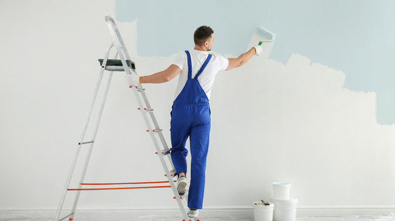A man stands on a ladder to paint a white wall light blue with a roller brush