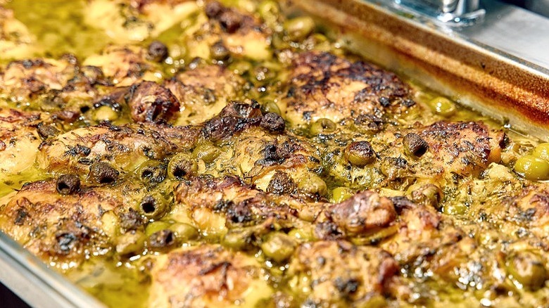 A big pan of baked dirty martini chicken straight out of the oven.