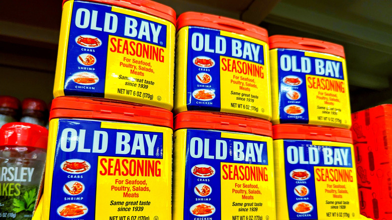 Old bay seasoning lines a store shelf.