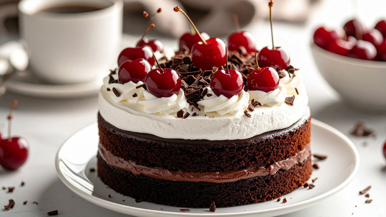 Black forest cake decorated with candied cherries