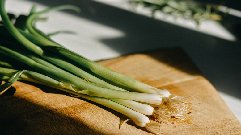 bunch of green onions on wooden cutting board