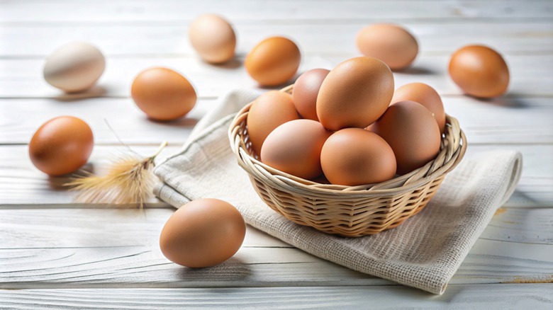 brown eggs in a rattan basket on a tea towel