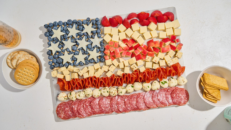 An American flag snack board is on a table