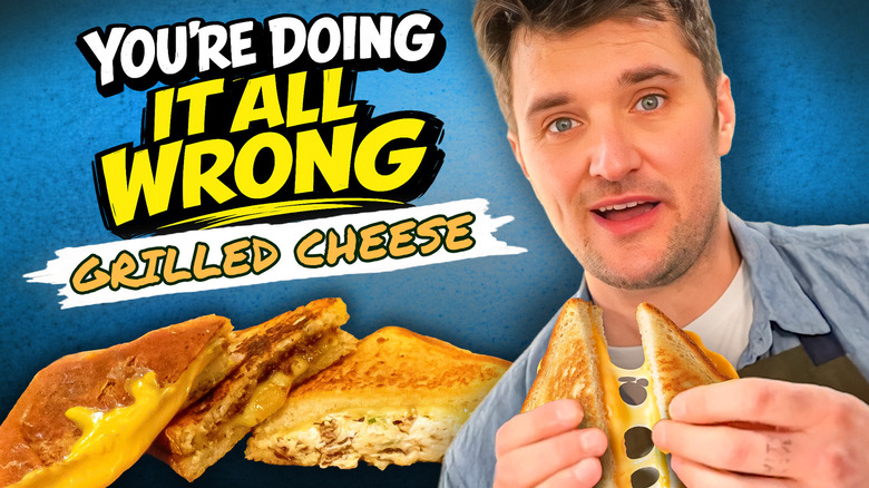 In the foreground, a man pulls a grilled cheese apart next to the video's title on a blue background.