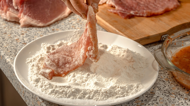 Meat dredged in dry flour mixture