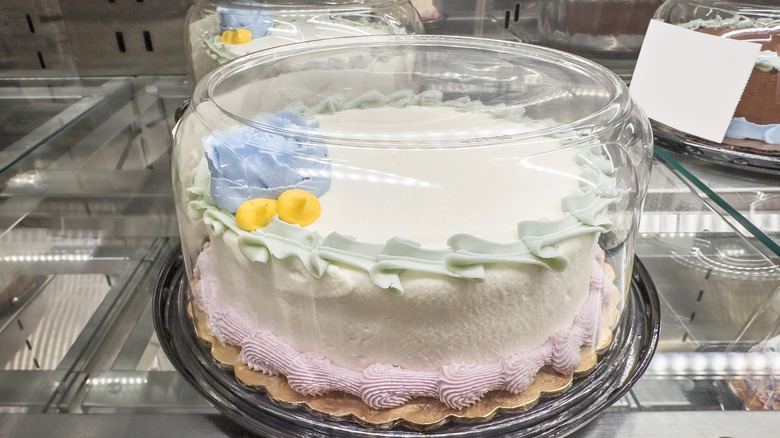 A packaged cake at a grocery store.