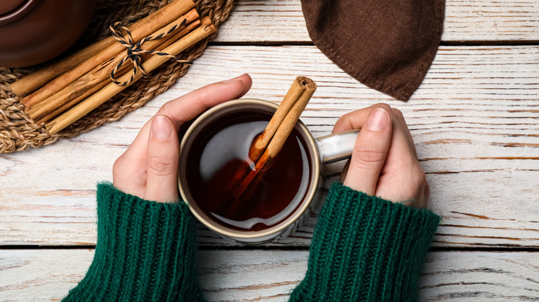 person in green sweater holding cup of cinnamon tea