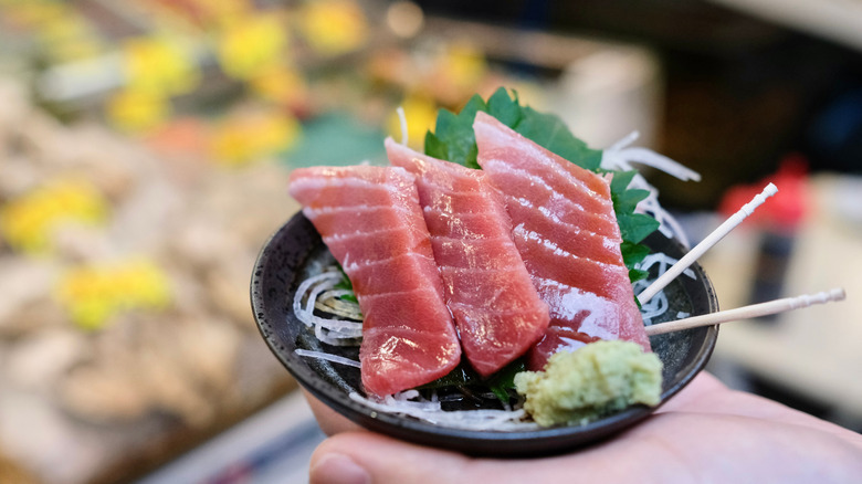 Fatty tuna sashimi slices glazed with soy sauce