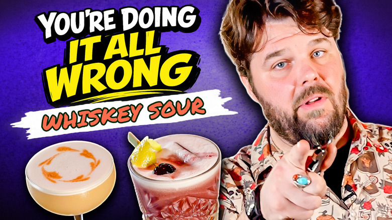 A man with a classic whiskey sour and a New York whiskey sour on a purple background.