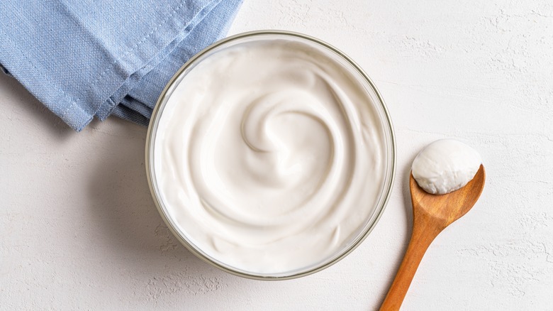Yogurt in bowl with a wooden spoon on the side