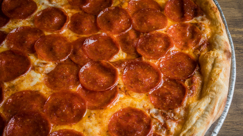 Overhead of a pepperoni pizza