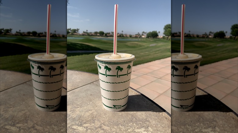 A closeup of a milkshake from In-N-Out with an outdoor landscape in the background
