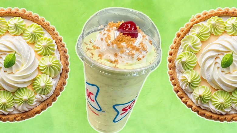 Composite image of Sonic key lime pie shake between two key lime pies on a green background