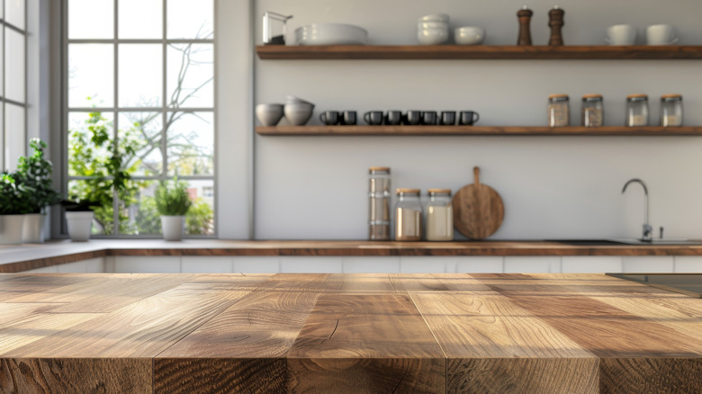 muted kitchen walls with open shelving