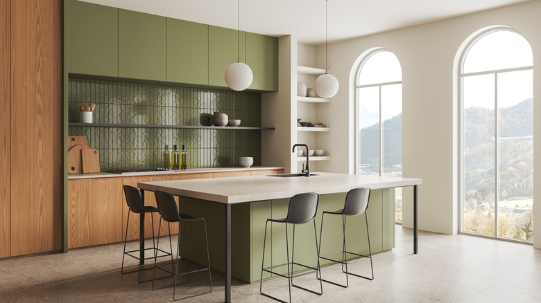 geen accent paint in mid-century modern kitchen