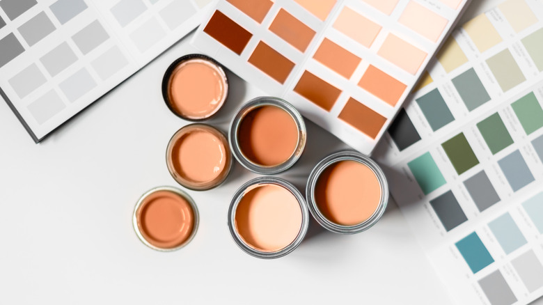 tiny sample paint cans with paint cards overhead