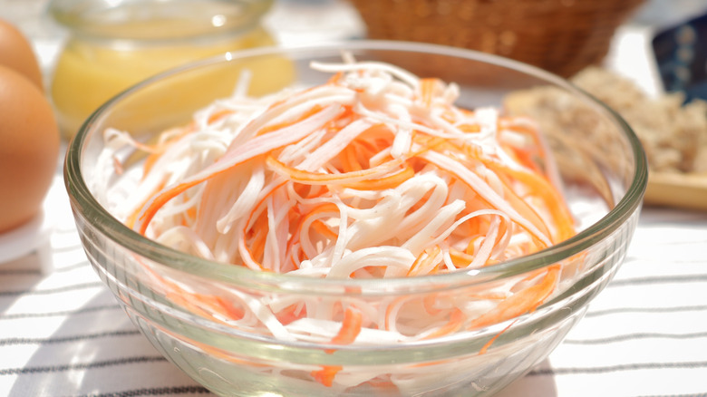 Shredded imitation crab in a bowl