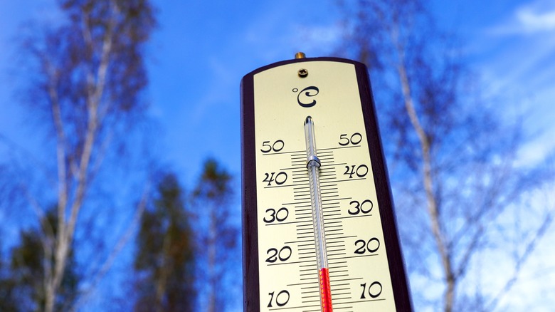thermometer against blue sky