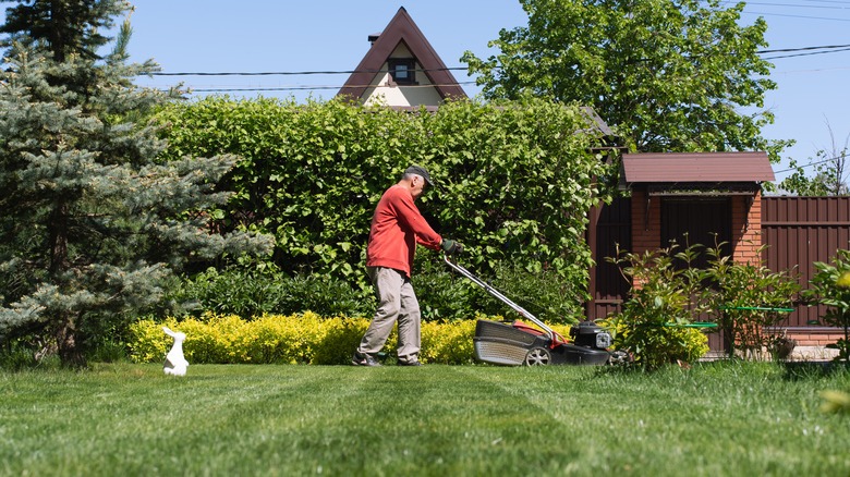 man mowing lawn in front of house