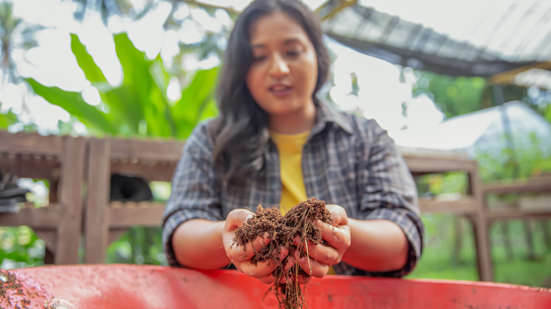 woman holding handfuls of mulch