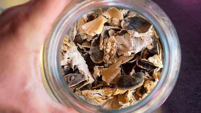An overhead shot of dried mushrooms in a jar