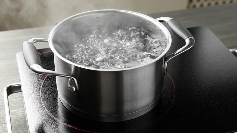 cooking pot with boiling water on a stove