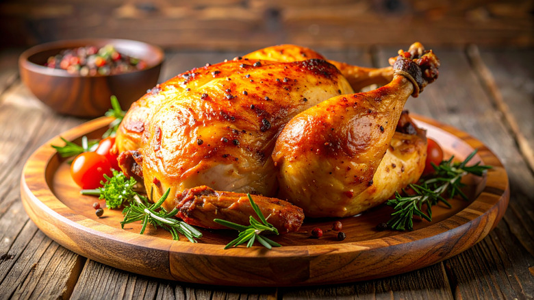 A juicy roasted whole chicken served beautifully on a wooden plate.