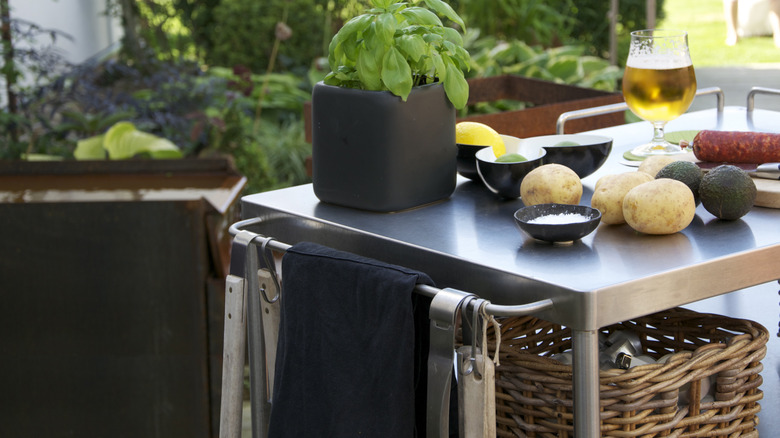 Food on top of a stainless steel cart