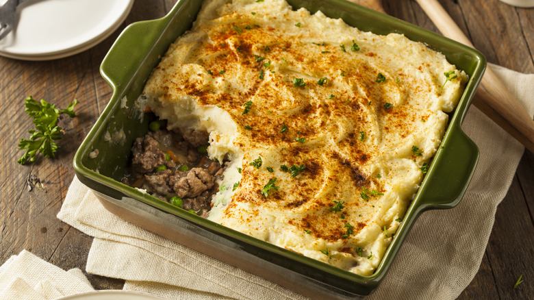 ceramic baking dish filled with shepherd's pie