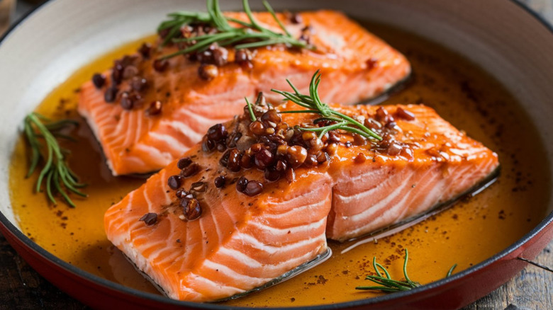 Salmon filets topped with seasonings and herbs, roasting in oil